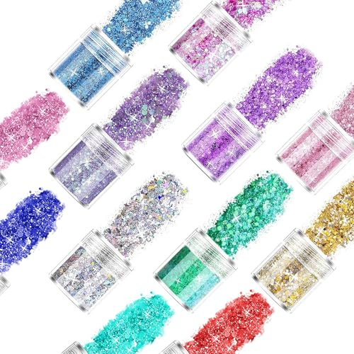 8 Pack Ariel-gxr Glitter for Eyes Cheek Hair Nails Lips Makeup, Festival Face Glitters Chunky for Party Christmas, Cosmetic Body Beauty Glitter Sparkling Crafts Decorations