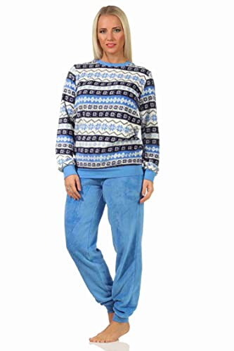 NORMANN-Wäschefabrik Damen Schlafanzug Pyjama Langarm im Norwegerlook aus Coralfleece - 202 201 267 959, Farbe:blau, Größe:36/38