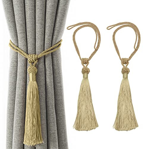 VEGCOO Curtain Tiebacks, 2 Pack Handmade Woven Rope Tassel Tie Backs Curtain Holdbacks Clips for Home Bedroom Window Decoration (Gold, 1 Pcs)