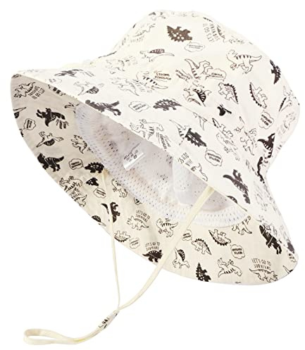 Jupsk Kids Sun Hat, Toddler Summer Hat Child UPF50 Sun Protection Toddler Beach Hat with Adjustable Strap Dinosaur Pattern Summer Cap for Boys Girls Kids Summer Play Beige