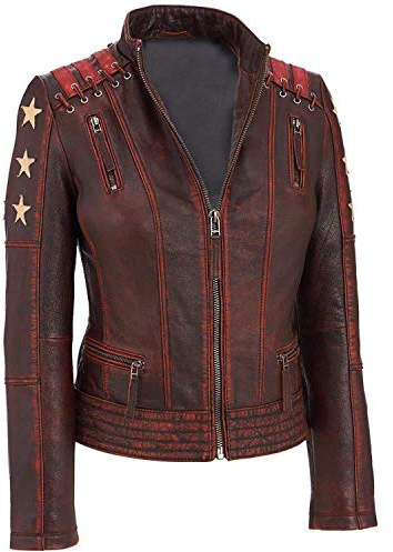 Aksah Fashion S Veste de moto en cuir véritable marron foncé vintage | Veste de moto en cuir véritable pour femme, Rouge, L