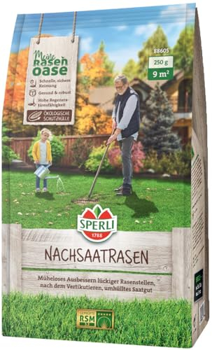 SPERLI's Nachsaatrasen RSM 3.2 88605-0,25 kg für 9 m² - Rasensamen schnellkeimend - FiBL-ökozertifizierte Schutzhülle - optimal für Sport und Spiel - Made in Germany - RSM zertifizierte Grassamen
