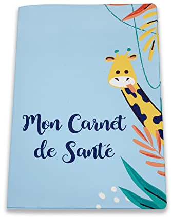 Nemau - Protège Carnet de Santé Enfant en Gomme Expansée – Fabriqué en France - Étui Carnet Bébé Fille ou Garçon - Format Maternité Standard - Idée Cadeau Naissance - Modèle Girafe Bleue