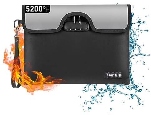 Tamfile 5200°F Feuerfeste Dokumententasche mit Schloss, 34x25cm wasserdichte Geldtasche, Tresor Feuerfeste Aufbewahrungstasche mit Reflektierendem Streifen für Dokumente, Reisepass, Schwarz