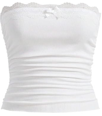 FeMereina Women Lace Trim Tube Tops Strapless Bowknot Front Cropped Bandeau Backless Shirts Ribbed Knit Ruched Bandeau Tank Tops Y2K Streetwear (White, S)