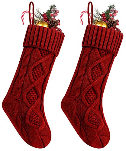 Fesciory julstrumpor, 2-pack 45 cm kabelstickad stor storlek strumpor gåvor och dekorationer för familjesemester julfest (röd 45 cm)