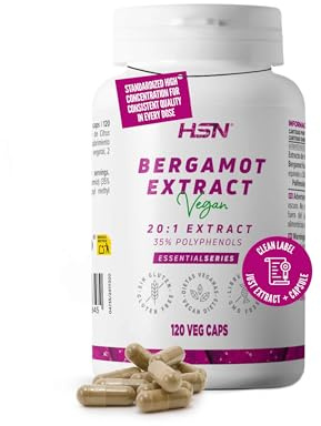 HSN Extrait de Bergamote 1500 mg (35% Polyphénols) par Portion Quotidienne | 120 Gélules Végétales | Extrait 20:1 | 30000 mg Citrus bergamia (équivalent fruit) | Sans OGM, Végan, Sans Gluten