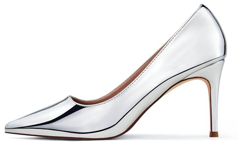 Zhabtuc Zapatos de Tacón Stiletto de Charol, Punta Fina, Tacón 8 cm para Boda y Baile, Plateado, 39 EU