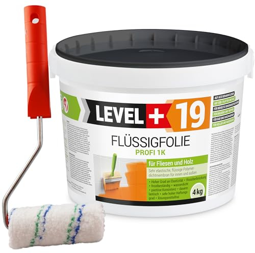 Level Plus 19 flytande folie professionell 4 kg för kakel och trä, OSB, balkong, terrass, källare, badrum, dusch, frostbeständig vattenbarriär, tätningsset med färgrulle, 10 cm