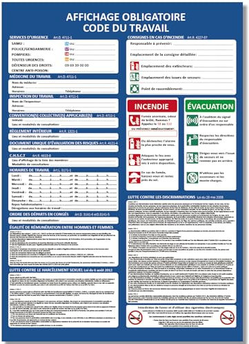 Panneau Code du Travail 2025 - Affichage Obligatoire A3 (42x29.7 cm) en PVC Écologique 1 mm - Résistant aux UV, Surface Mate Antireflet
