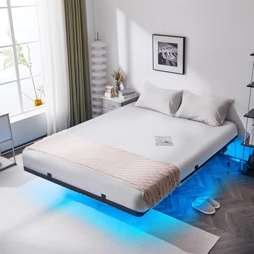 Bonnlo Bettgestell 180x200 cm mit Lattenrost, Bett 180x200 cm mit LED Beleuchtung, Metallbett Robust, Schwebenbett mit 36 cm Höhe schwarz (ohne matratze)