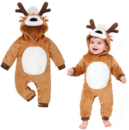 Beipegin Baby rådjur kostym pojkar flickor spädbarn djur sparkdräkt overall nyfödd huva flanell ren onesie baby jul halloween kostym