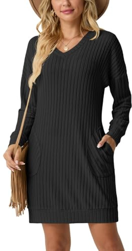 PrinStory Jumper Dress Women UK Winter Long Sleeve V Neck Casual Dresses with Pocket Loose (Black, M)
