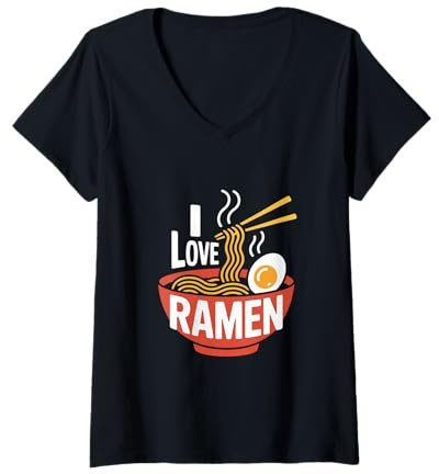Mujer I Love Ramen Sopa de Fideos Palillos Huevo Camiseta Cuello V