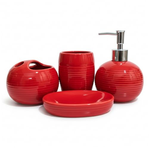 Juego de 4 Accesorios de baño Rojos, Moderno Juego de Accesorios de baño de cerámica Que Incluye dispensador de jabón, Soporte para Cepillo de Dientes, Vaso y jabonera para el hogar.
