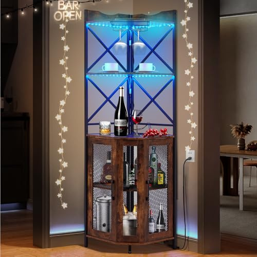 MELLCOM Corner Bar Cabinet with LED Lights & Sockets, Brown | 5-Tier Wine Rack, Rustic Drinks Storage, for Lounge, Kitchen, Dining Room, Home Bar, Sturdy Industrial Style