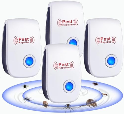 Repelente Ultrasónico de Plagas, 4 Piezas Repelente ultrasónico de Mosquitos y Control electrónico Anti Moscas, Ratones, Cucarachas, Arañas, Roedores,Inodoro y Sin Residuos,Uso Interior