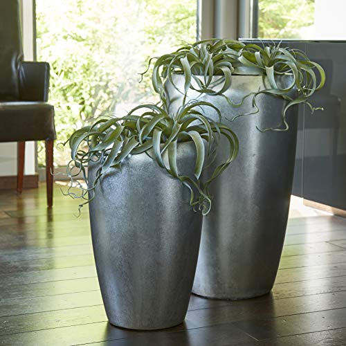 Hochwertige Pflanzvase - Fiberglas - Inklusive Pflanzeinsatz – Indoor - Metallic/Metallisch - Blumenkübel/Kübel (2er Set: Höhe 70cm & 50cm, Silber)