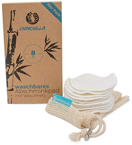 Chinchilla Waschbare Abschminkpads, Wattepads aus Bambus, inklusive Waschbeutel aus Baumwolle, wiederverwendbar, plastikfrei, nachhaltig, Make-Up Entferner & Gesichtsreinigung 10 Stück