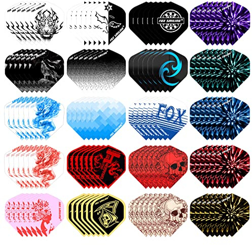 FOX SMILING Dart Flights Accessories Set, 120PCS(20 Designs) Standard Shape Durable PET Replacement Skull Dart Feather Tail Wing 120 Micron for Steel Tip Dart and Soft Tip Darts (120PCS)