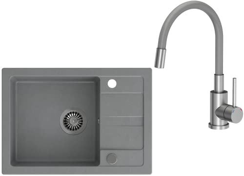 VBChome Lavello con rubinetto, grigio, 62 x 44 cm, lavello singolo in granito, lavello da incasso, con sgocciolatoio, reversibile, lavello composito grigio + sifone