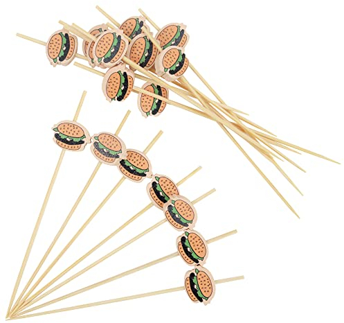 KEYIDO 100 Counts Burger Cocktail Sticks, Handmade Wooden Skewers with Burger Ornament, Appetizer Fruit Finger Food Hamburger Picks, Wedding Birthday BBQ Buffet Christmas Party Supplies