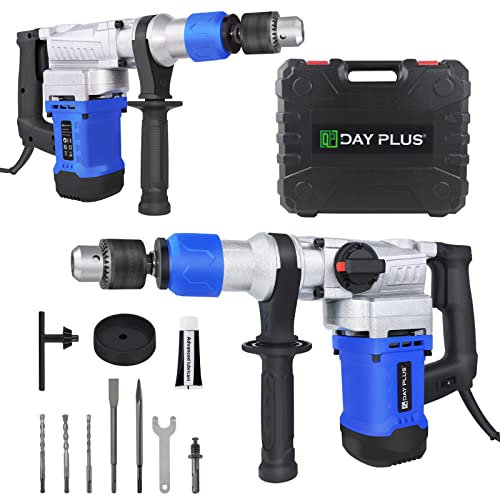 1500W Corded Hammer Drill Concrete Breaker, 3 in 1 Heavy Duty Rotary Hammer Drill Electric Powerful Hand Drill with 6 Variable Speed, 3 Drill Bit for Wood Metal Concrete