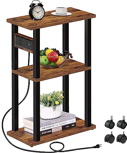 TUTOTAK Small Narrow Side Table with Charging Station, Skinny End Table for Small Spaces, Slim Nightstand with USB Ports and Outlet, Sofa Beside Table with Wheels, Brown TB01BB046