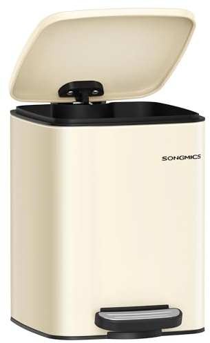 SONGMICS Kitchen Bin, 1.6-Gallon (6 L) Trash Bin, Stainless Steel Pedal Bin, with Inner Bucket, Soft Close and Stays Open, Sand Beige LTB590A02