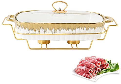 Keramik Chafing Disk Buffet Set, Underglasyr Rektangel Buffé Chafers W/Glas Transparent Lock & Chafing Bränslehållare, Vintermatvärmning