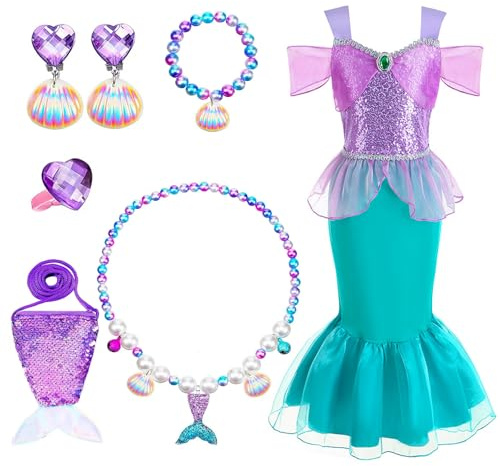 Liten sjöjungfrudräkt barn, 7 st sjöjungfruklänning med sjöjungfrukostym, crossbody-väska, halsband, armband, örhängen, ring, prinsessutklädning för flickor ålder 4–5 för halloweenfest cosplay (grön