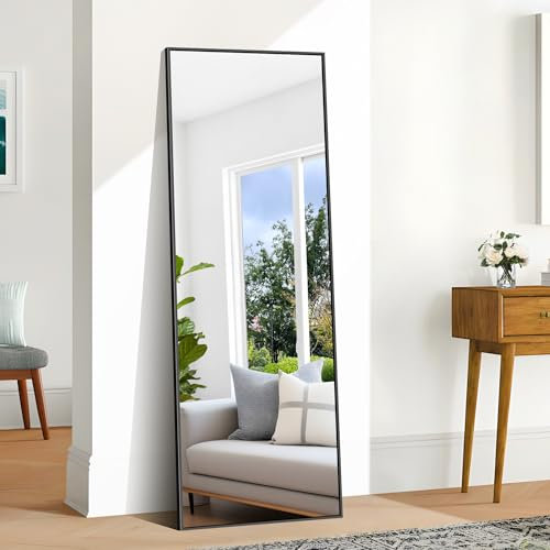 BONEWEI Full Length Mirror 161x52cm Rectangular Standing Black Aluminum Frame, Large Floor Mirror for Bedroom Livingroom Dressingroom