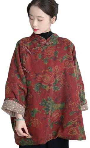 NFYM Women's Wealth Floral Pattern Stand Collar Chinese Jacket Traditional Frog Button Cheongsam Style Loose Padded Coat (US, Alpha, One Size, Plus, Regular, Red Flower)