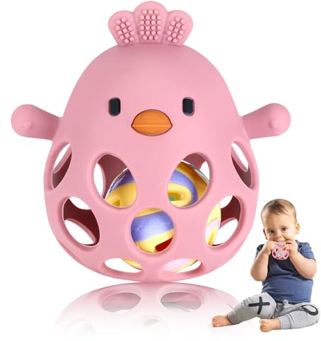 Collazoey Anello Teething Baby Toy, palla di presa Montessori, senza BPA, silicone, per dentizione e divertimento da 3 a 18 mesi (rosa chiaro)