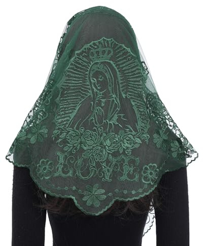 Bozidol Mantilla Triangular Virgin Mary Sunflower Veil – Green Color Religious Headscarf – Sacred Mary and Sunflower Design – Ideal for Church, Mass, Baptism, Spring Religious Ceremonies