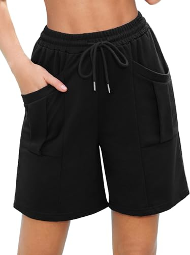 Aottori Sportshorts för dam sommar bomull med fickor och dragsko, A-svart, XL