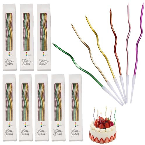 lomdung 48 Pezzi Candeline Compleanno, Candele a Spirale di Compleanno Lunga e Sottile con Supporto, con Superficie Metallica Candele, per Decorazioni Torta, Baby Shower, Festa Delle Ragazze