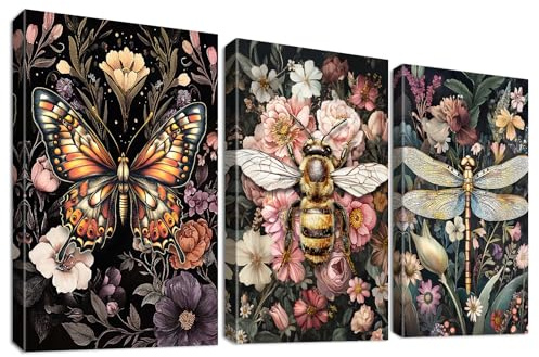 3 Pcs Wooden Framed Canvas Wall Art Canvas Prints Dark Green Dragonfly Flowers Painting Gothic Butterfly Dark College Bee Pictures for Living Room Bedroom Bathroom Hallway Wall Decor 30x40 cm x3pcs