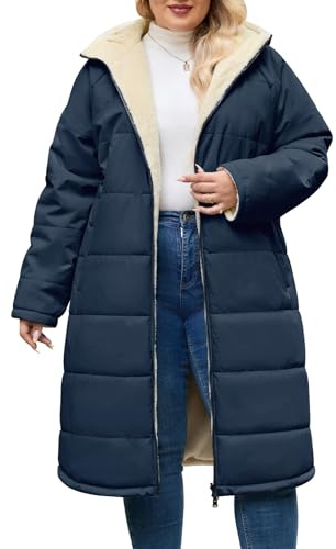 CMTOP Winter Coats for Women UK Warm Plus Size Long Coat, Double Faced Long Jackets Windproof Fleece Quilted Jacket, Hooded Parka Thick Fuffly Thermal Outerwear Overcoat with Pockets(Navy Blue,XXL)