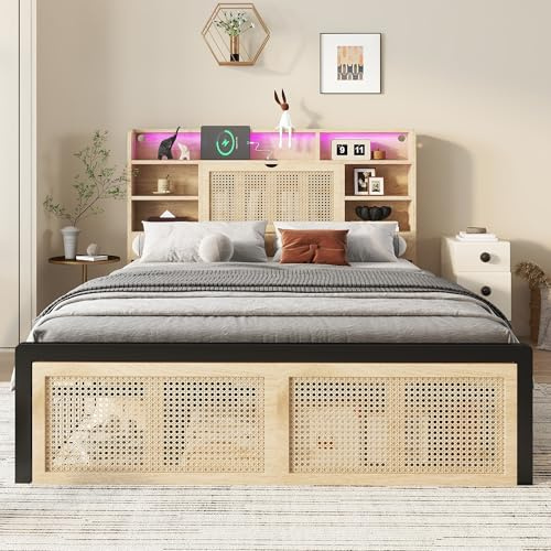 Ball & Cast Double Bed with Storage, 4FT6 Bed Frame with Charging Port and LED Light Strip, Headboard with Storage Compartments, PE Rattan-Style Drawer with Wheels, Wood Colour, 135x190cm