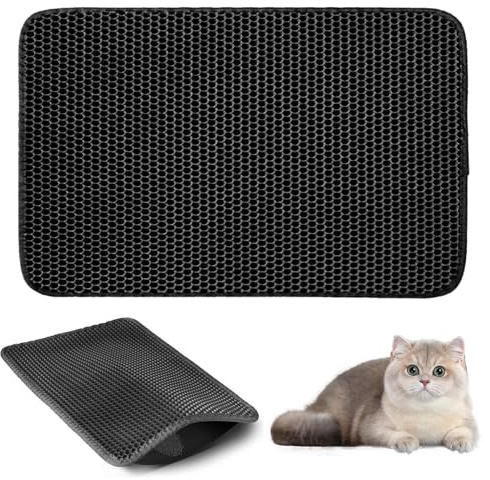 Premium Honeycomb Double Layer Cat Litter Mat, Large 45x60cm Litter Trapping Mat with Non-Slip Waterproof Base for Easy Clean & Floor Protection (Black)