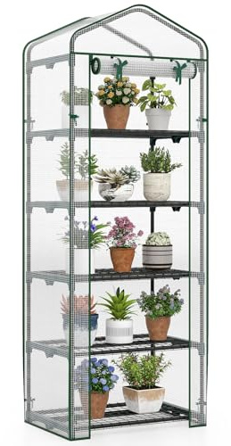 COSTWAY Gewächshaus klein, Mini Tomatengewächshaus mit 5 Regalböden aus Metall, Foliengewächshaus Winterfest für Terrasse, Balkon & Garten, 69 x 48 x 190 cm (Grün)