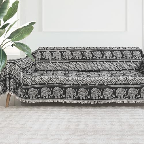 Milam London Boho Throw Large Sofa Cover 3 Seater, 180x300 cm Anthracite | Bohemian Throw For Sofa Protector, Boho Decor, Couch & Settee Covers, Double Sided, Elephant Pattern With Fringes