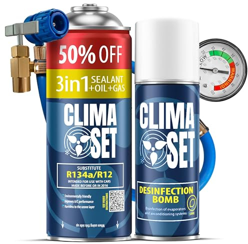 ClimaSet – 3-i-1 R134a köldmedium, olja, tätningsmedel XL & luftkonditioneringsrengöringsmedel för bilar & slang – Luftkonditionering Självpåfyllningsset – Påfyllningsset, Bilklimat Påfyllning – 235 g