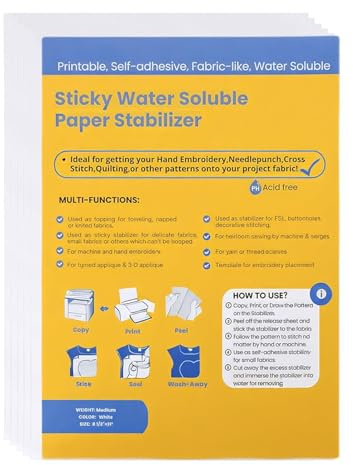 Maggasacca 6 unidades de fieltro de bordar autoadhesivo, soluble en agua, A4 (29,7 x 21 cm), papel de bordado imprimible para imprimir o dibujar patrones, ideal para bordados precisos a mano y a