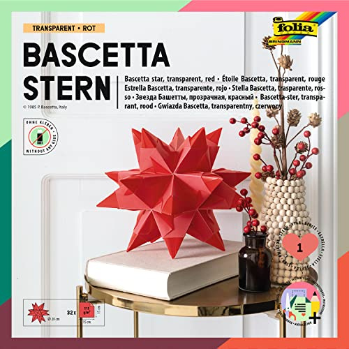 folia 840/3030 – pysselset, bascetta stjärna, transparent orange, 30 x 30 cm, 32 ark, färdig storlek på pappersstjärna ca 40 cm, med detaljerade instruktioner – perfekt för tidlös dekoration