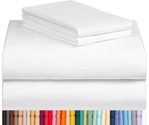 LuxClub Queen Sheet Set, 4PC Bed Sheets Queen Size, Deep Pocket Cooling Bed Sheets, Soft Hotel Luxury Bedding for Mattress Wrinkle Free, Silky Fitted Sheet & Pillowcase Sets, White
