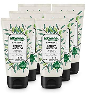 alkmene Handcreme mit Bio Olive - Intensiv Creme für sehr trockene Hände - vegane Olivenöl Intensivcreme ohne Silikone, Parabene, Mineralöl, PEGs, SLS & SLES - Hautpflege im 6er Pack (6x 75 ml)
