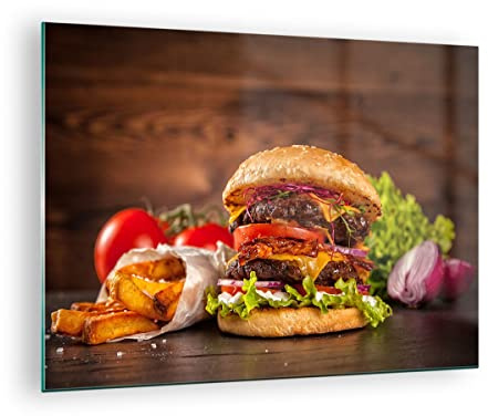 Vidrios decorativos hamburguesa sándwich Cuadro Sobre Vidrio Moderno 70x50cm Decoracion Salon Dormitorio Cocina Cuadros Pared Impresiones Impresión en Cristal Wall Art Prints Decor GAA70x50-3795