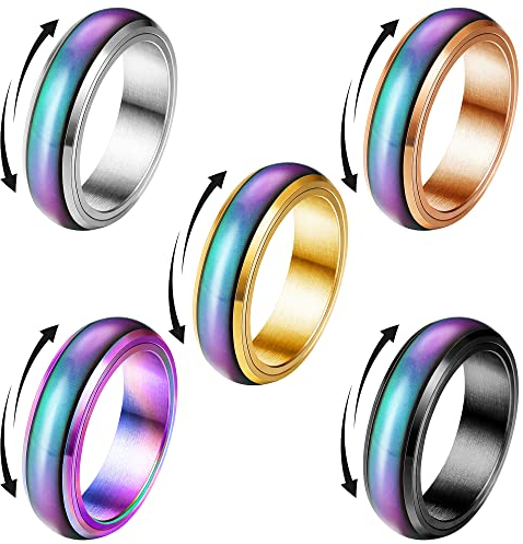 YADOCA 5 Stück Stimmungsringe Spinnerringe für Frauen Männer Mädchen Kinder Edelstahl Emotionsring Temperaturwechsel Farbe Stressabbau Fidget Ring Anxiety Rings 62